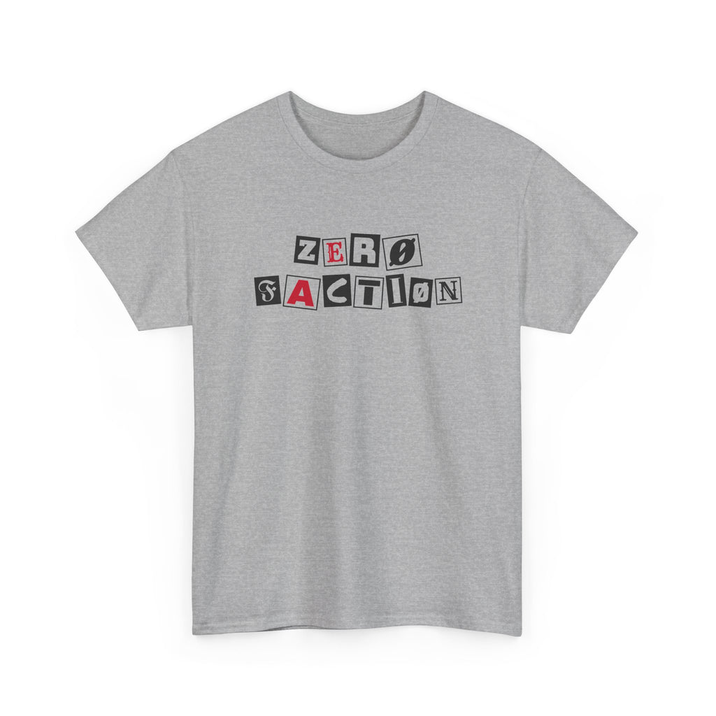 Zero Faction Ransom Note Logo tee, sport grey, front view, ransom note letter logo print