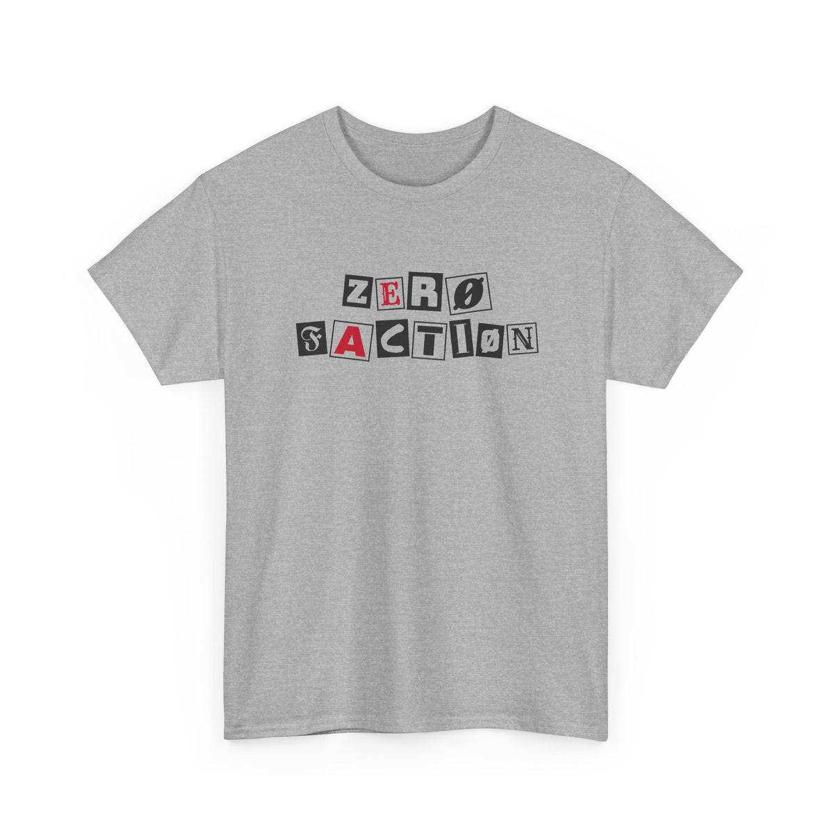 Zero Faction Ransom Note Logo tee, sport grey, front view, ransom note letter logo print