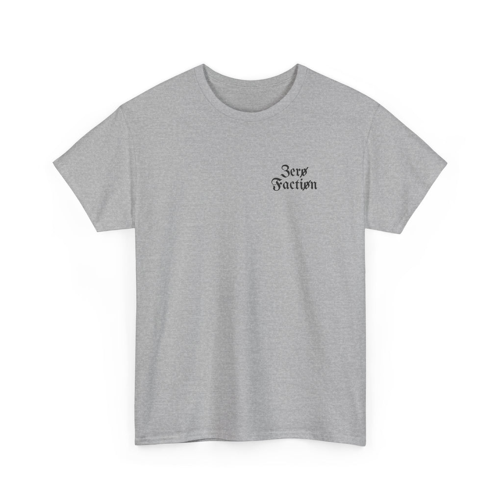 Zero Faction Blackletter Logo tee, sport grey, front view, small blackletter chest logo