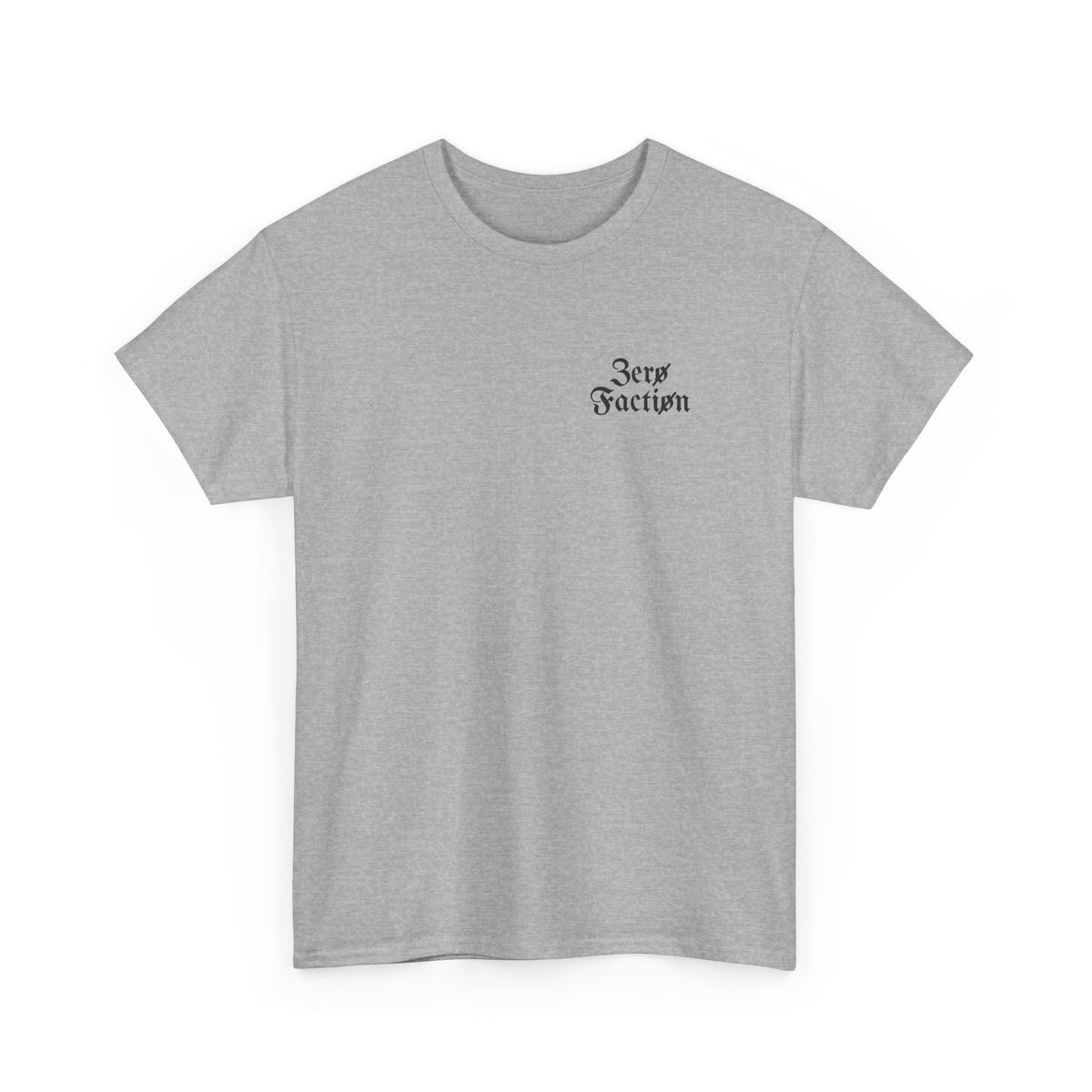 Zero Faction Blackletter Logo tee, sport grey, front view, small blackletter chest logo