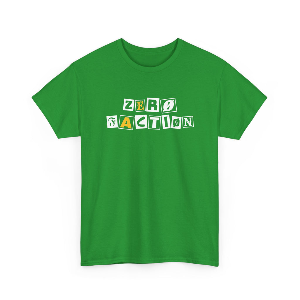Zero Faction Ransom Note Logo tee, irish green, front view, ransom note letter logo print