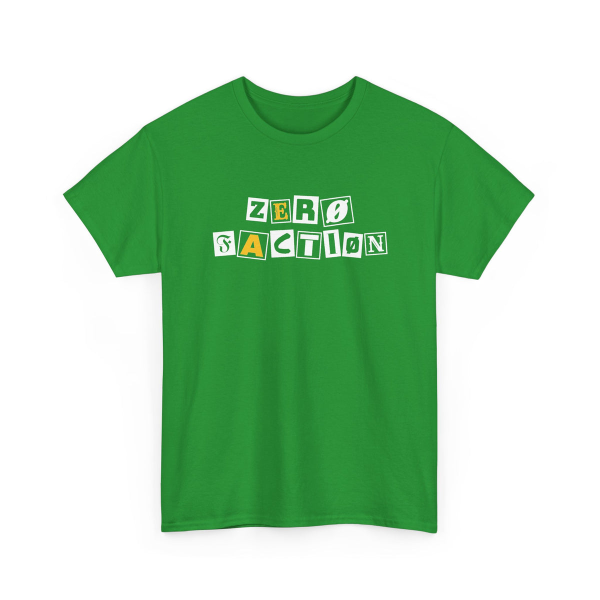 Zero Faction Ransom Note Logo tee, irish green, front view, ransom note letter logo print