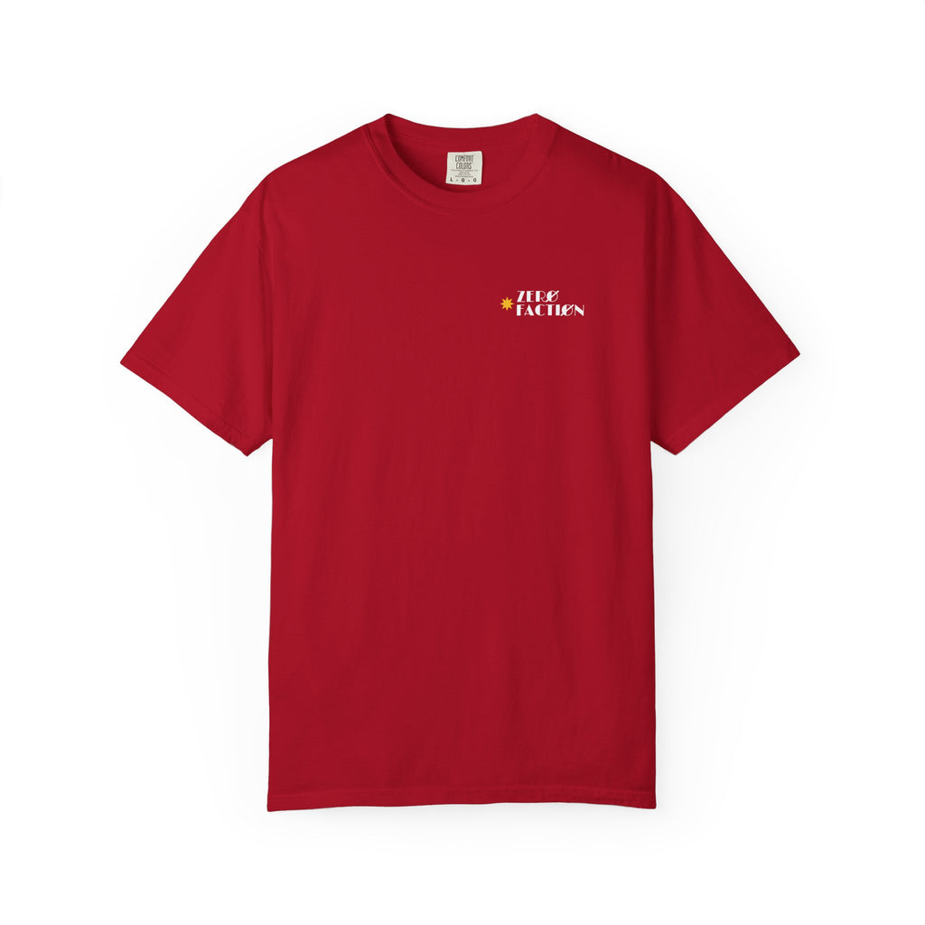 Zero Faction Vegas Marquee Logo tee, red, front view, small chest logo
