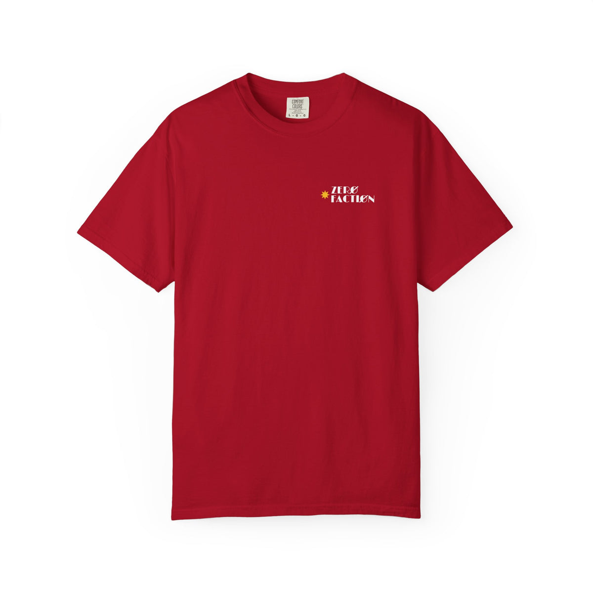 Zero Faction Vegas Marquee Logo tee, red, front view, small chest logo