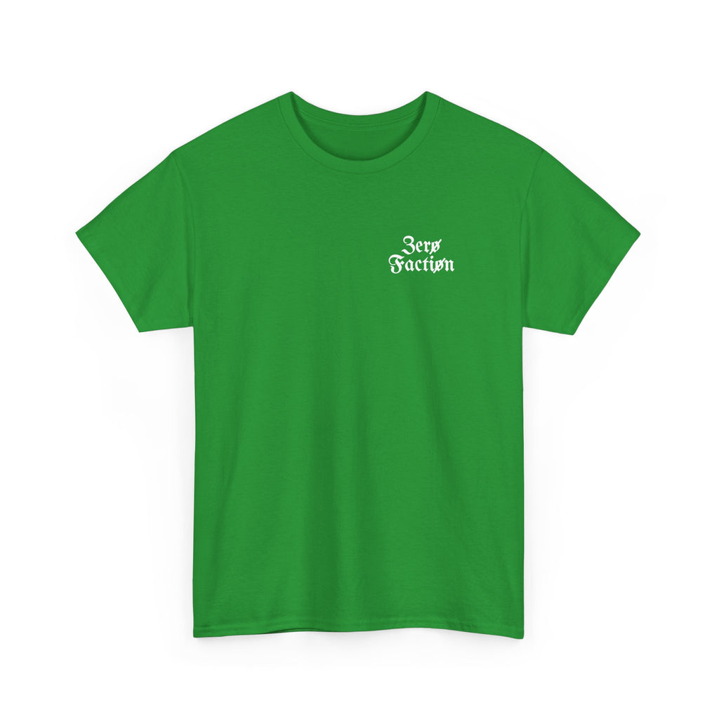 Zero Faction Blackletter Logo tee, irish green, front view, small blackletter chest logo