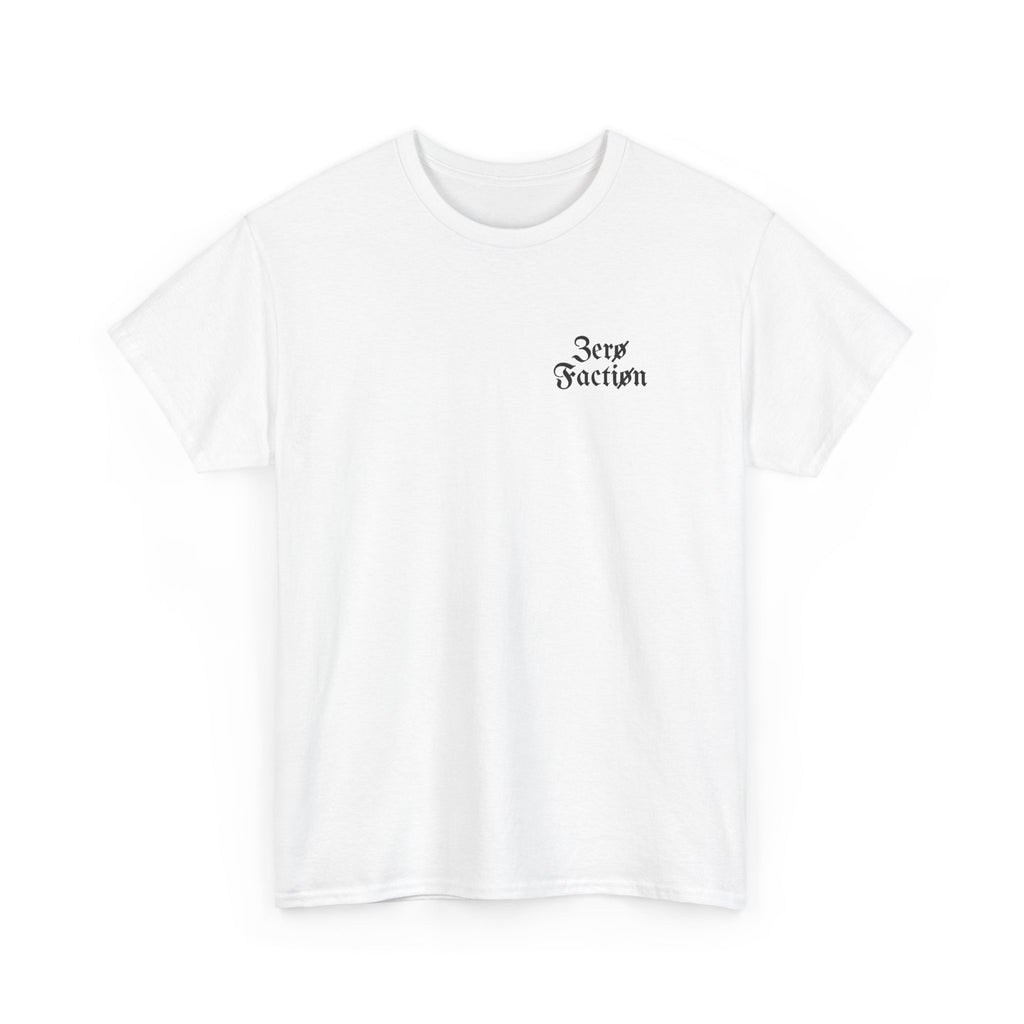 Zero Faction Blackletter Logo tee, white, front view, small blackletter chest logo