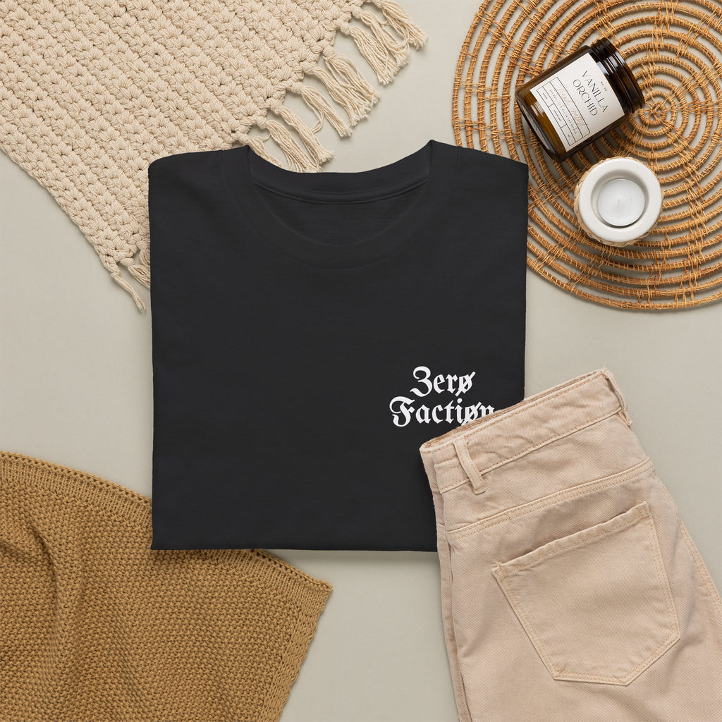 Zero Faction Blackletter Logo tee, black, folded flat lay