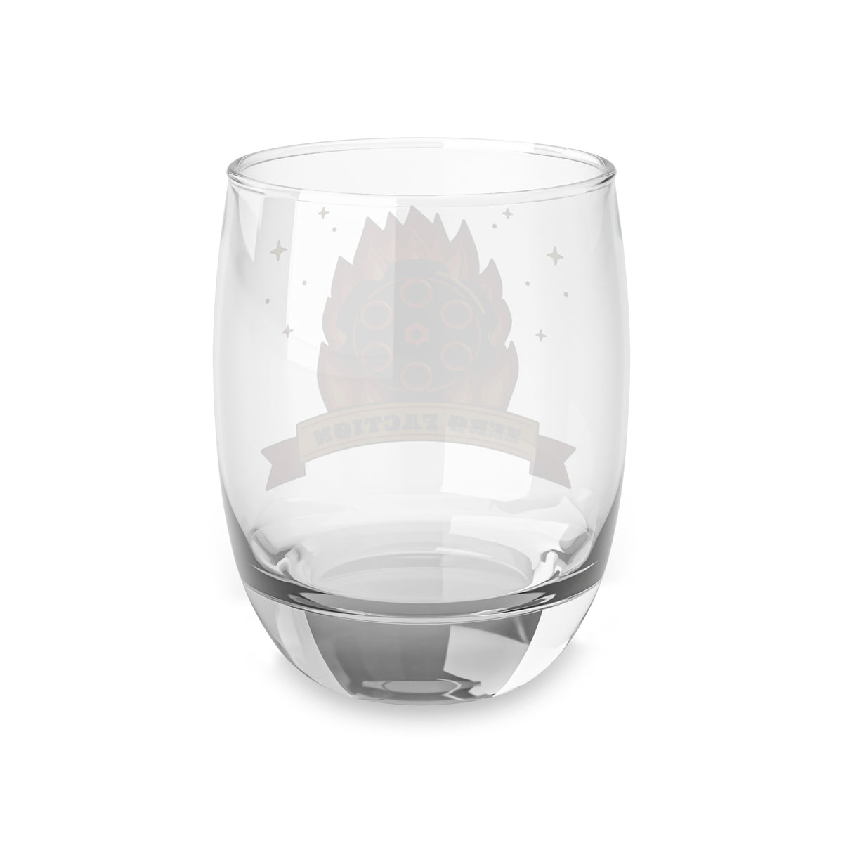 Six Shooter Inferno whiskey glass, back view through the glass
