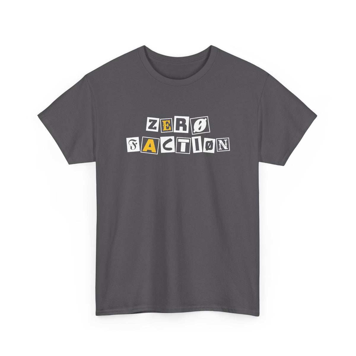 Zero Faction Ransom Note Logo tee, charcoal, front view, ransom note letter logo print