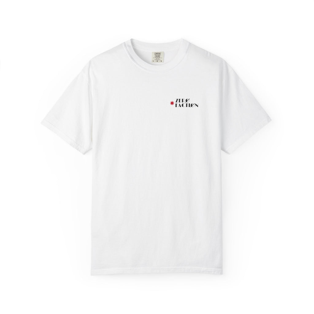 Zero Faction Vegas Marquee Logo tee, white, front view, small chest logo