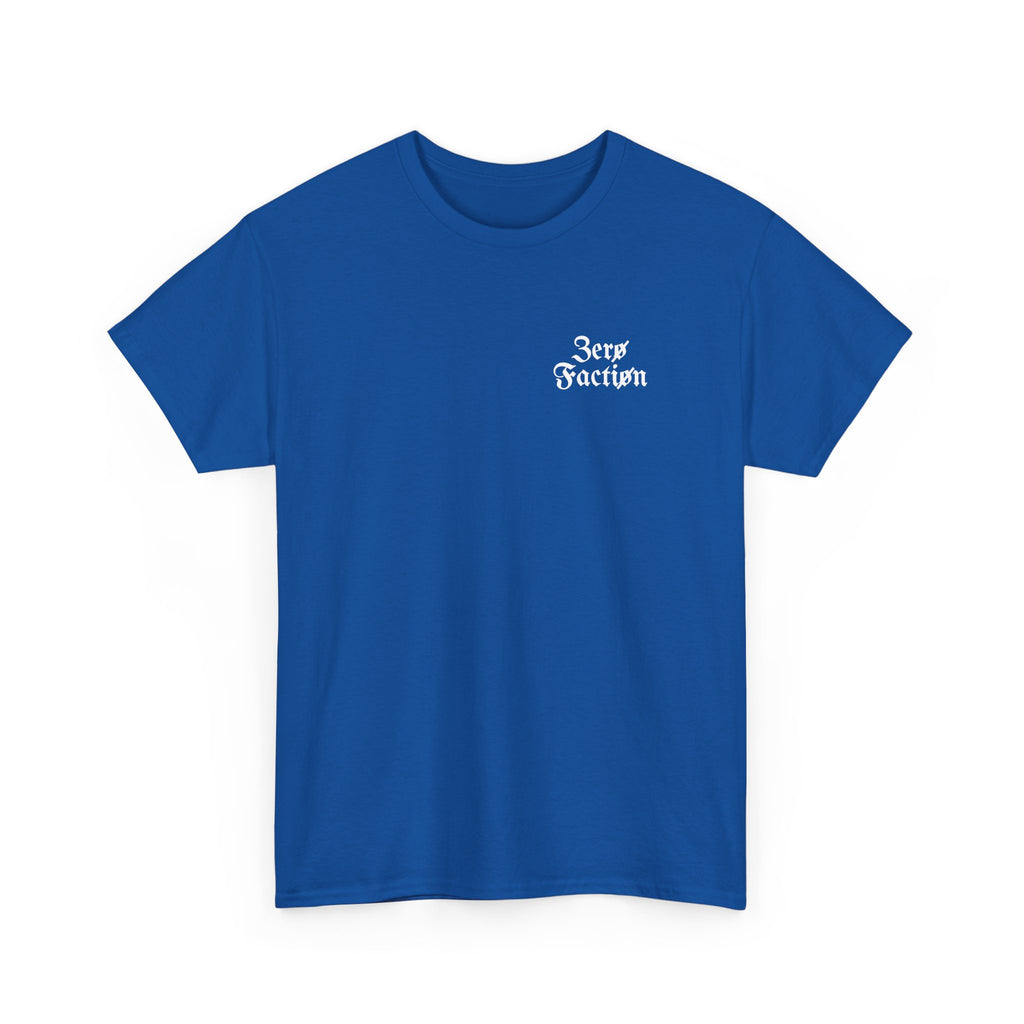 Zero Faction Blackletter Logo tee, royal blue, front view, small blackletter chest logo