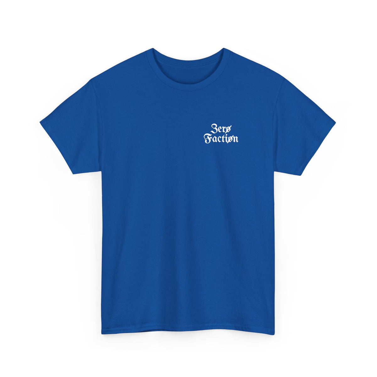 Zero Faction Blackletter Logo tee, royal blue, front view, small blackletter chest logo