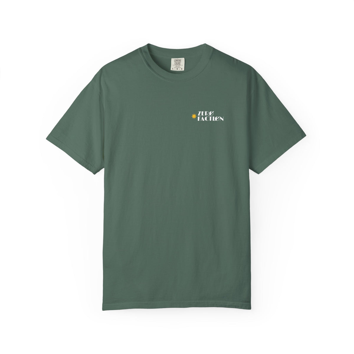 Zero Faction Vegas Marquee Logo tee, blue spruce, front view, small chest logo