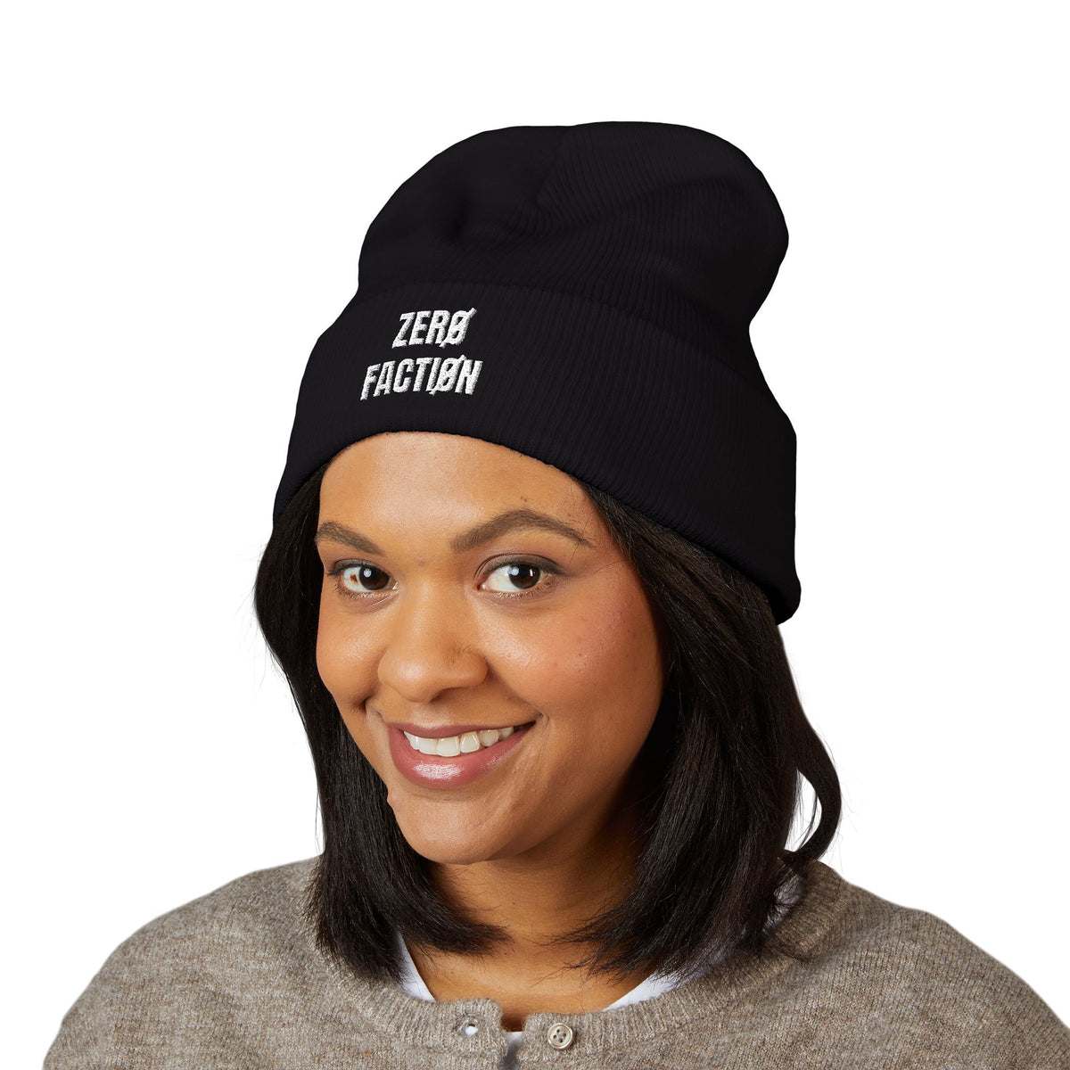 Cold Concrete Skate Beanie in Black, worn front view