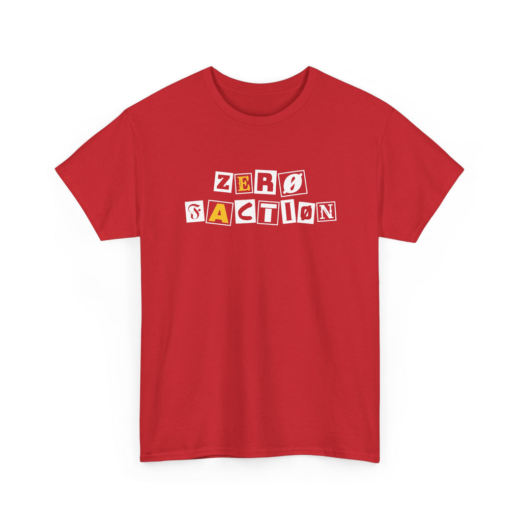 Zero Faction Ransom Note Logo tee, red, front view, ransom note letter logo print
