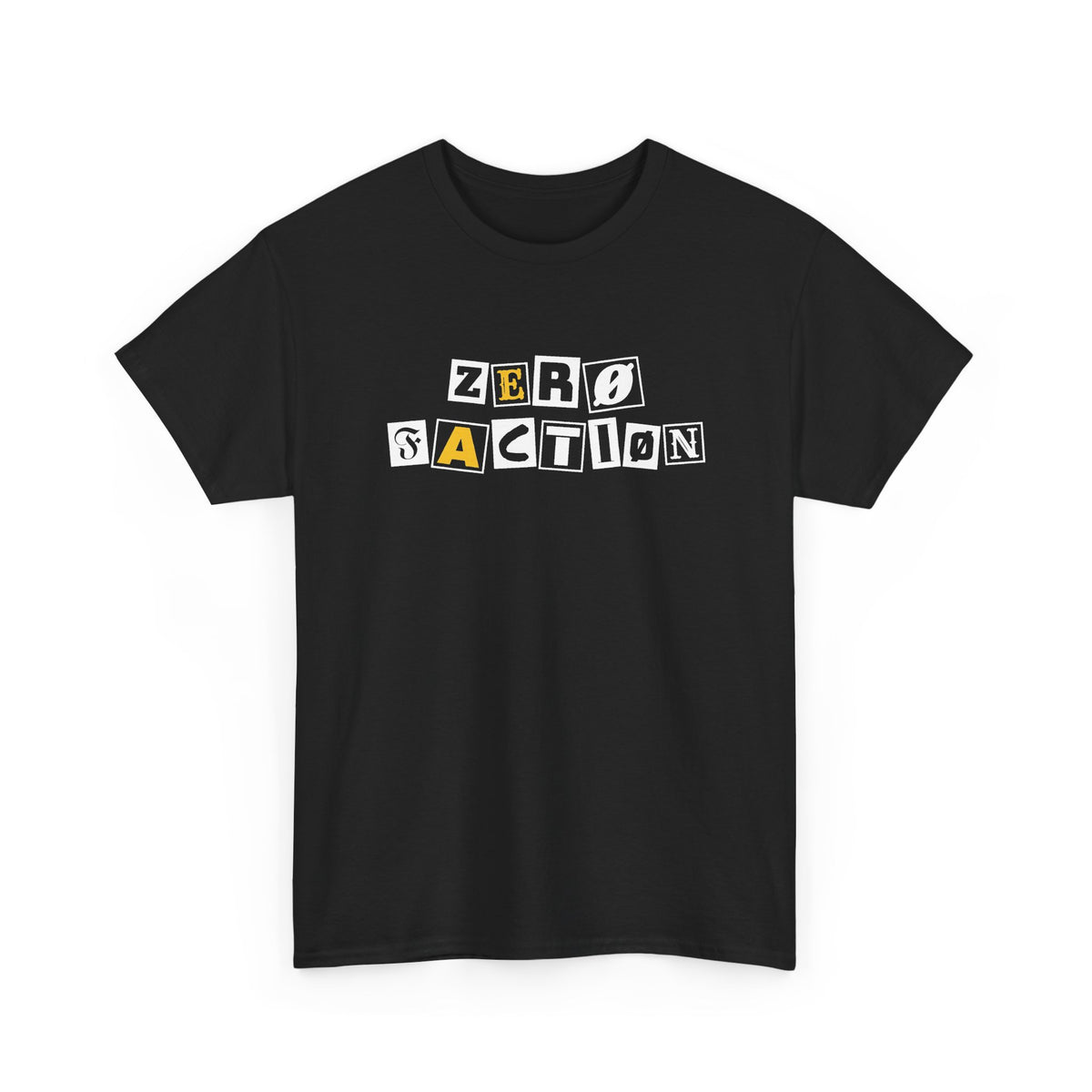 Zero Faction Ransom Note Logo tee, black, front view, ransom note letter logo print