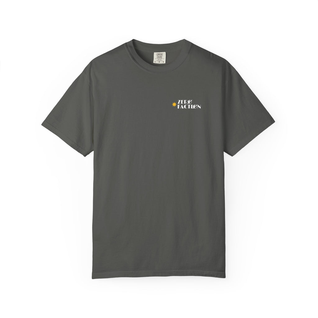 Zero Faction Vegas Marquee Logo tee, pepper gray, front view, small chest logo