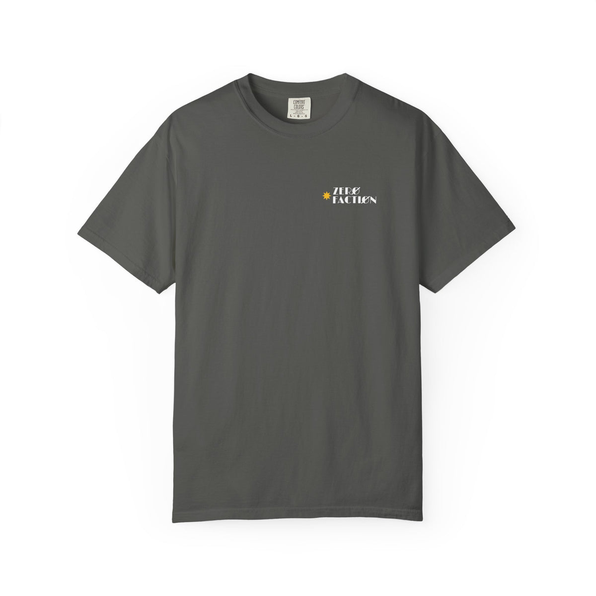 Zero Faction Vegas Marquee Logo tee, pepper gray, front view, small chest logo