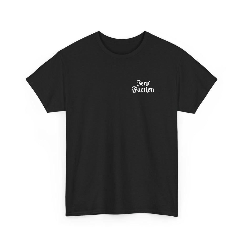 Zero Faction Blackletter Logo tee, black, front view, small blackletter chest logo