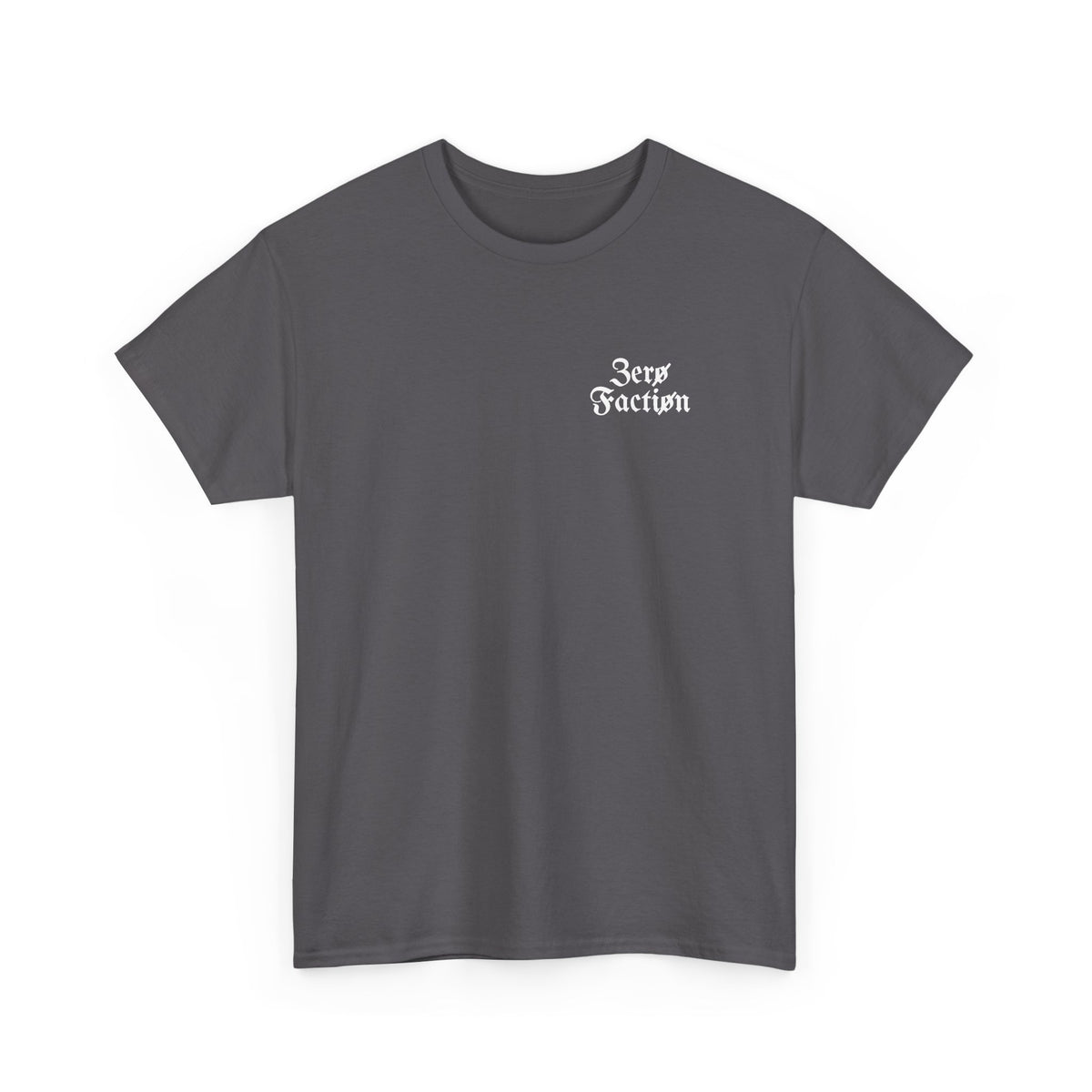 Zero Faction Blackletter Logo tee, charcoal, front view, small blackletter chest logo