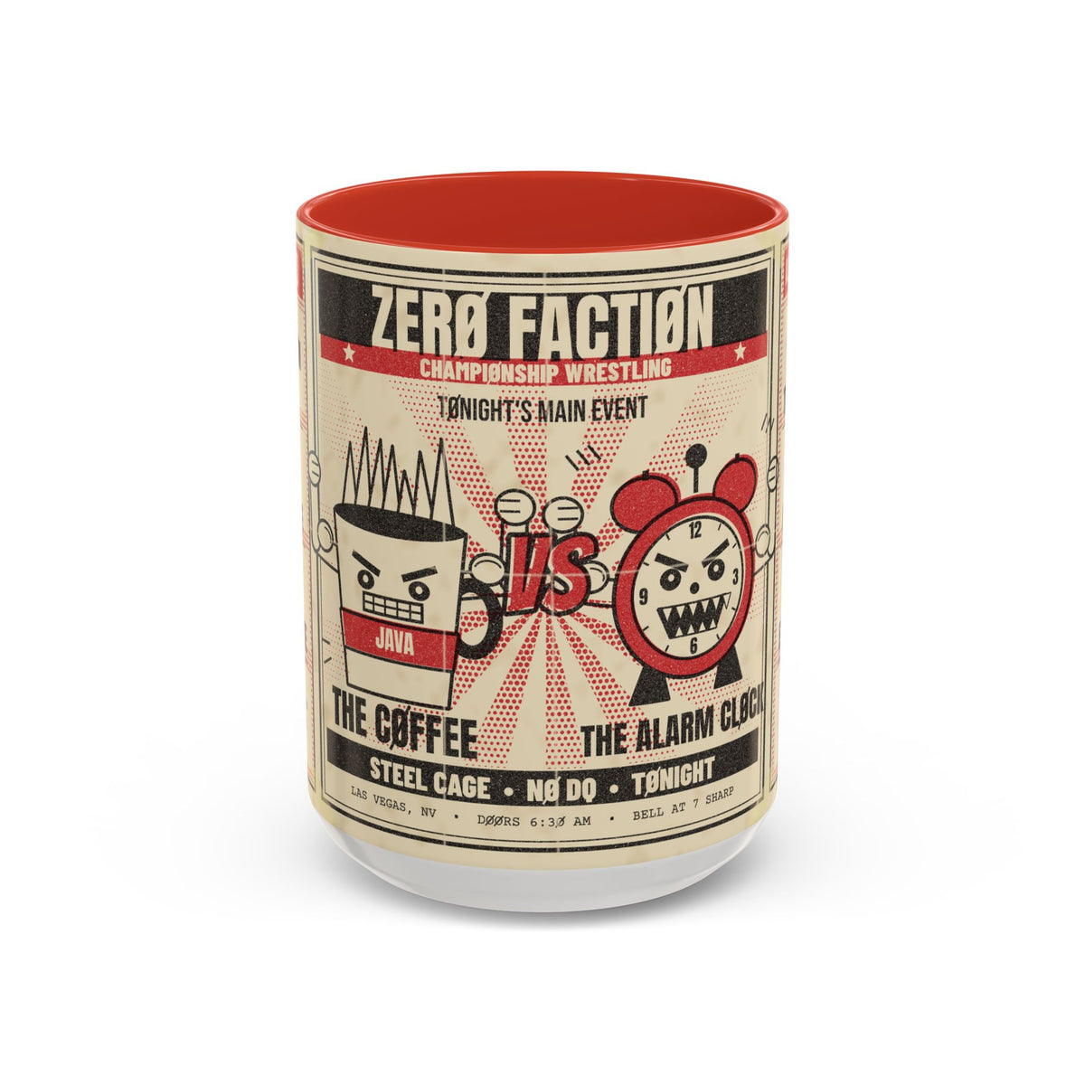 Zero Faction Main Event mug, white with red handle and inside, front view with Coffee vs Alarm Clock fight poster