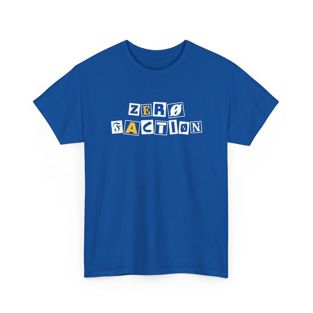 Zero Faction Ransom Note Logo tee, royal blue, front view, ransom note letter logo print