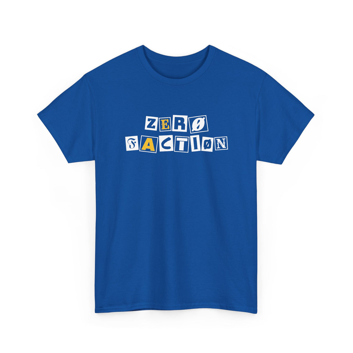 Zero Faction Ransom Note Logo tee, royal blue, front view, ransom note letter logo print