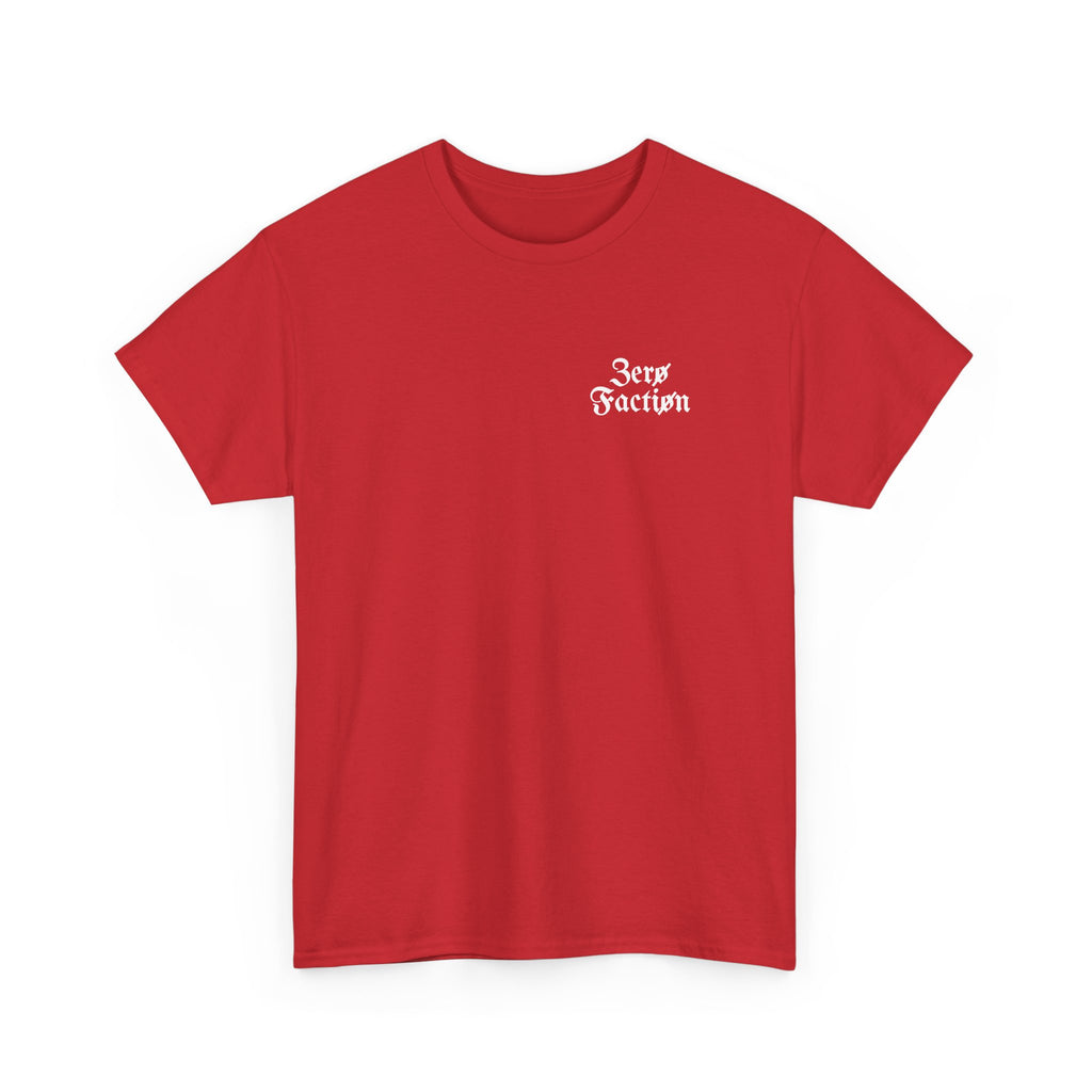 Zero Faction Blackletter Logo tee, red, front view, small blackletter chest logo