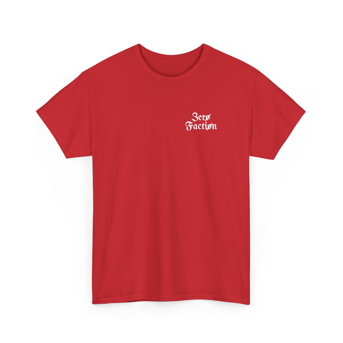 Zero Faction Blackletter Logo tee, red, front view, small blackletter chest logo