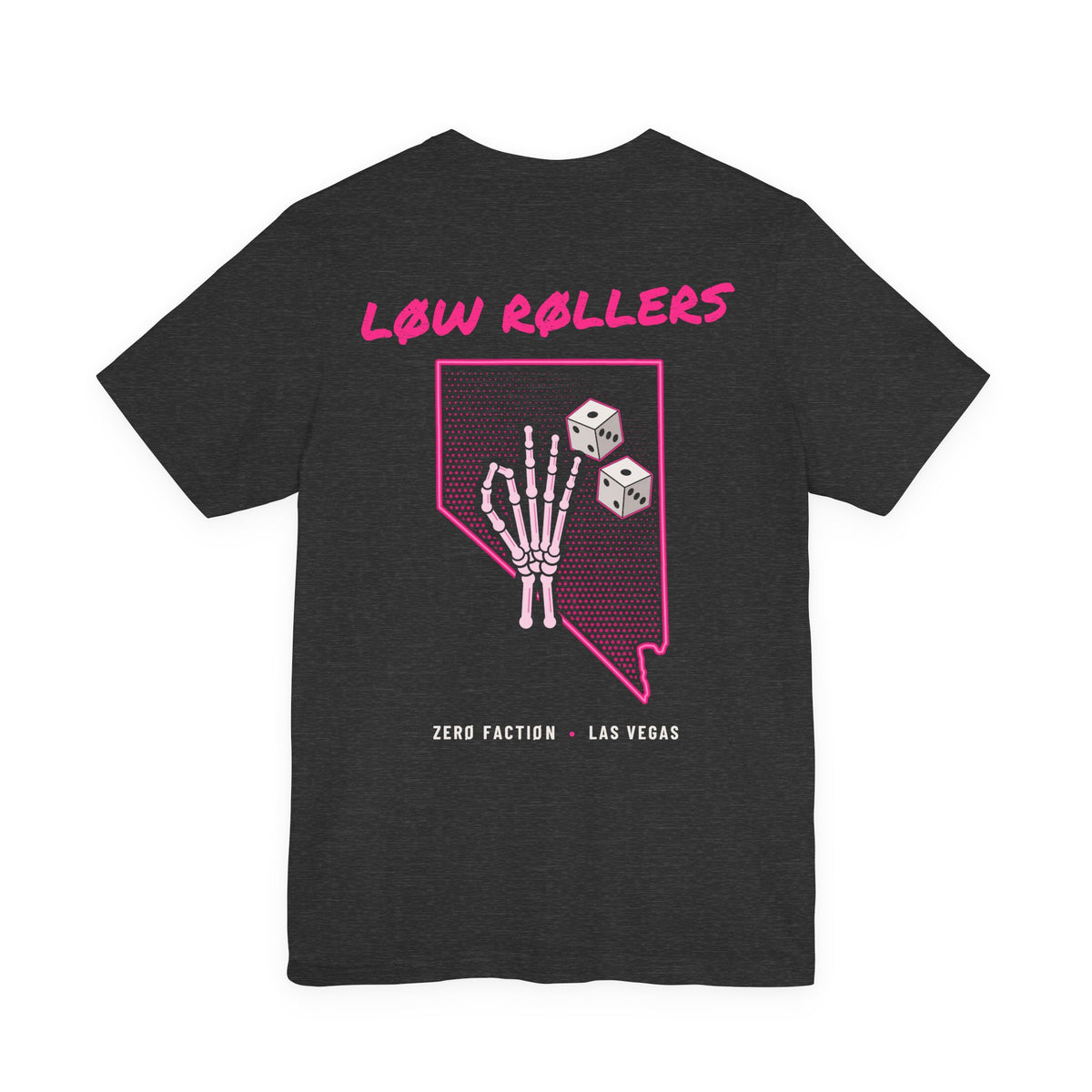 Zero Faction Low Rollers Nevada tee, dark grey heather, back view, Nevada skeleton hand and dice print