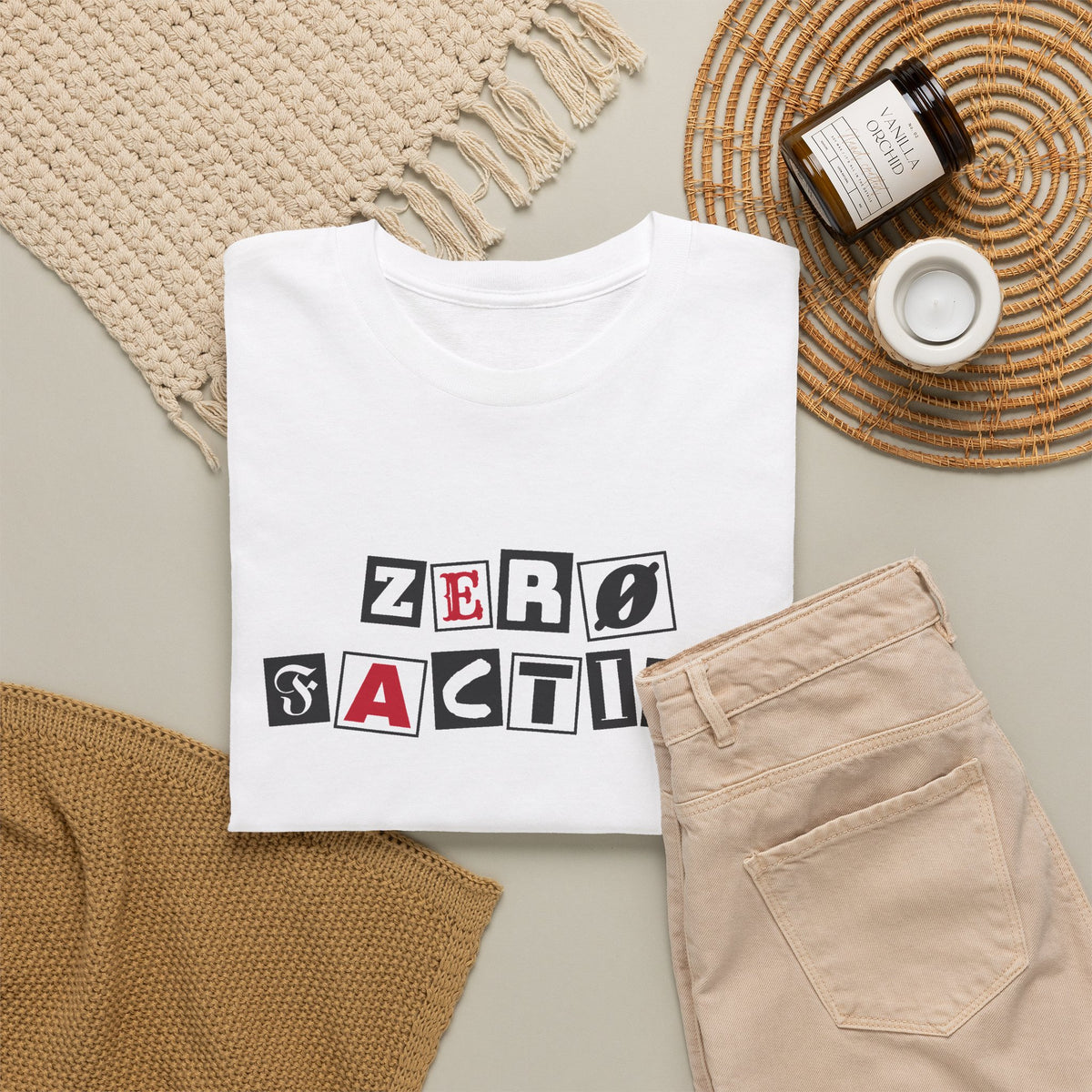 Zero Faction Ransom Note Logo tee, white, folded flat lay