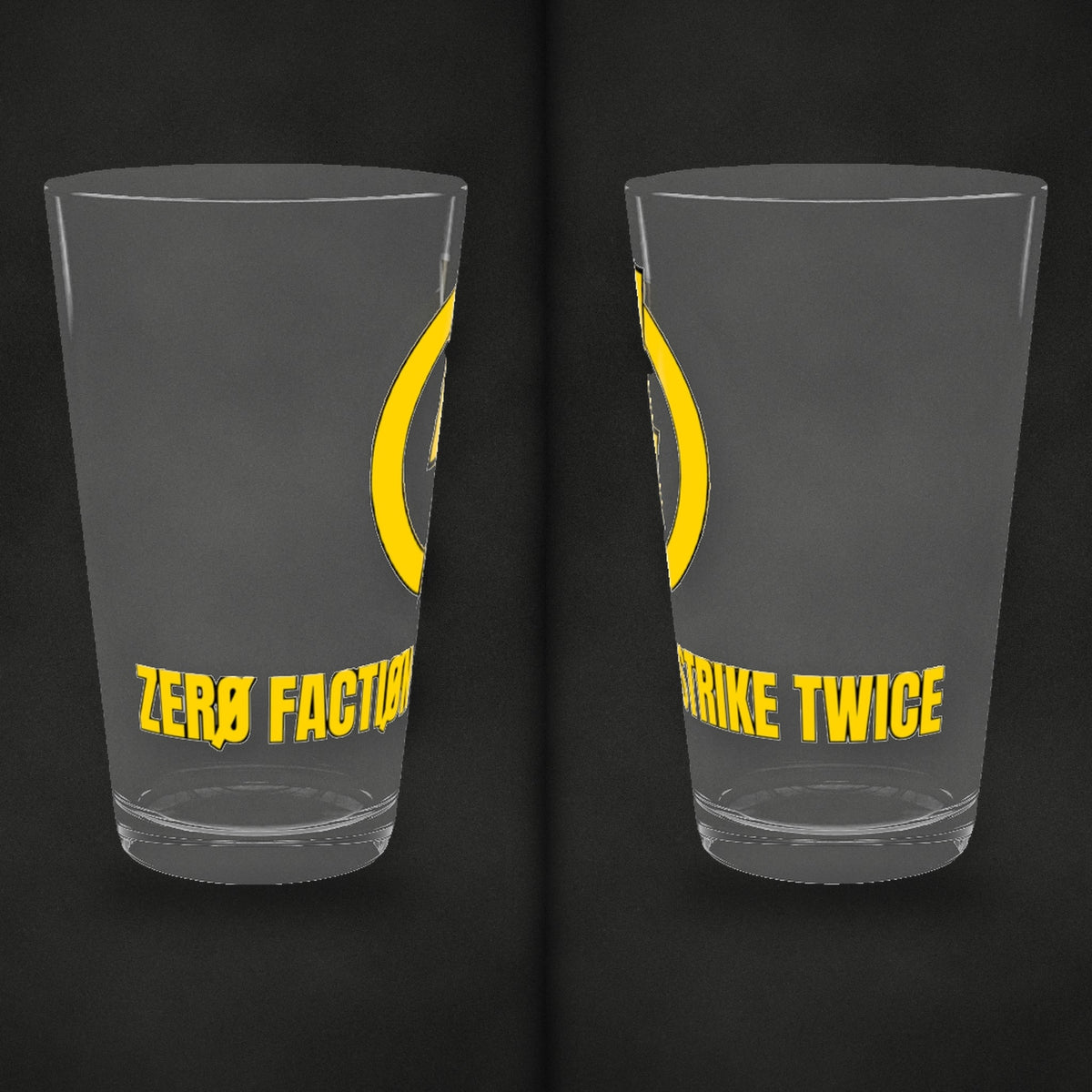 Strike Twice Pint Glass by Zero Faction, angled view, black background
