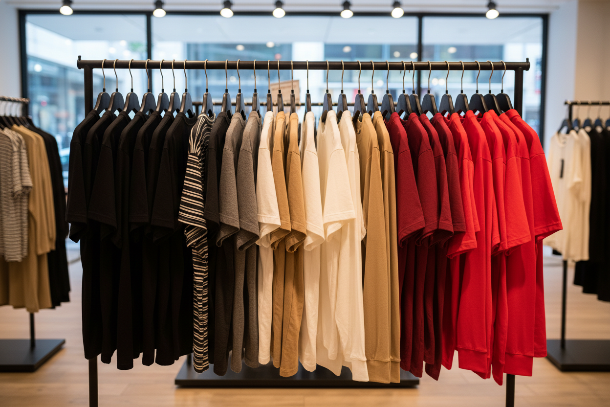 black, red, grey, white, tan shirts hanging on hangers in a rack