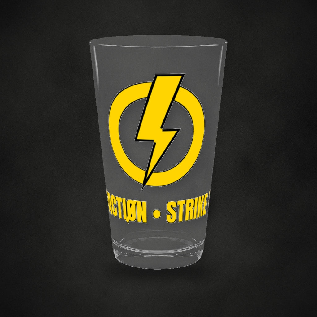 Strike Twice Pint Glass by Zero Faction, yellow lightning bolt logo on a 16oz pint glass, black background