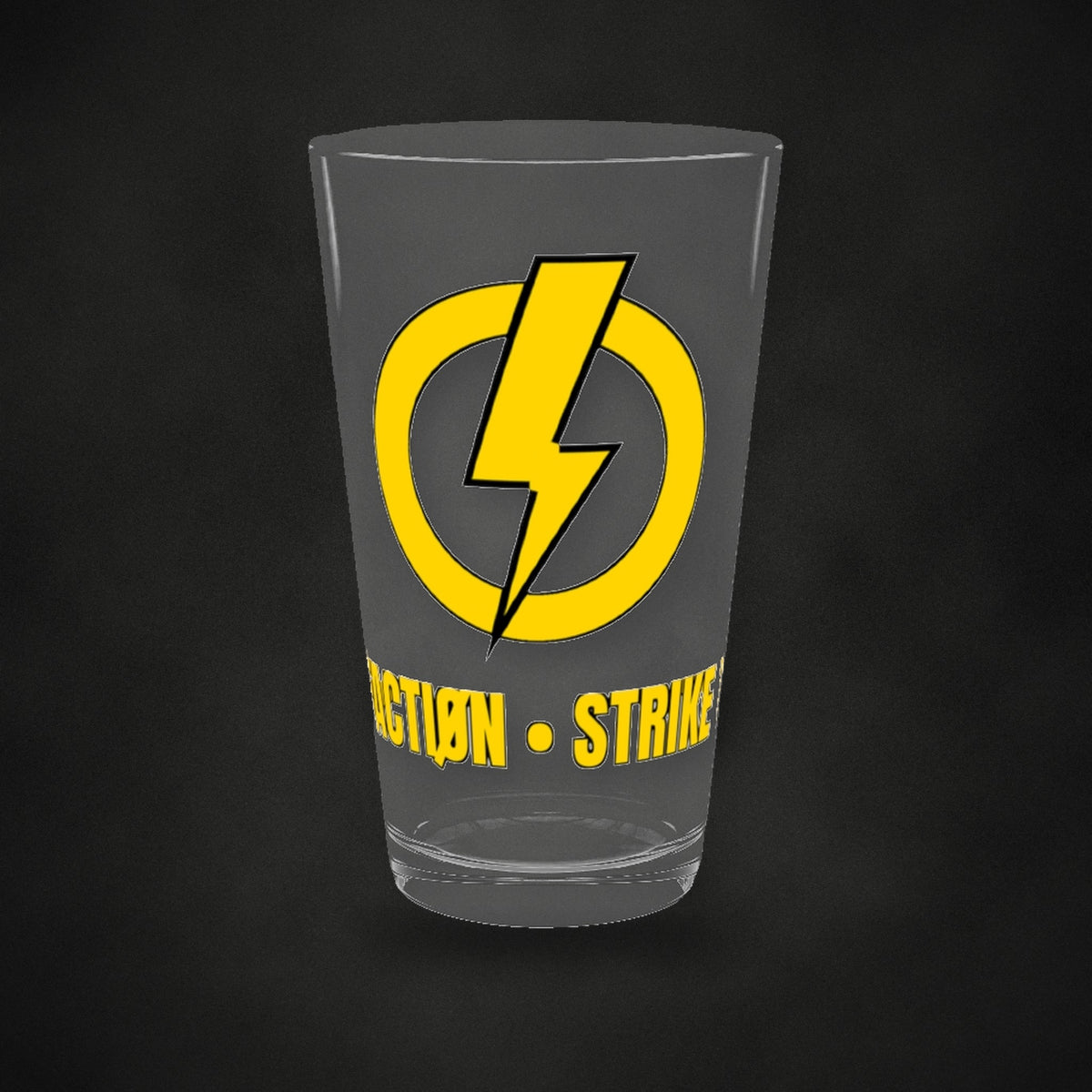 Strike Twice Pint Glass by Zero Faction, yellow lightning bolt logo on a 16oz pint glass, black background