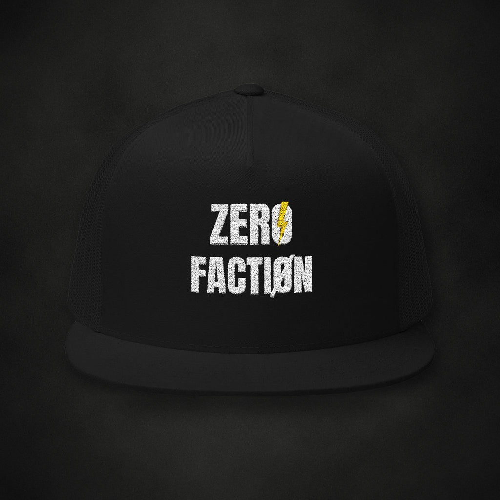 Mud Season Trucker Hat by Zero Faction, black flat bill snapback with embroidered logo and yellow lightning bolt, black background