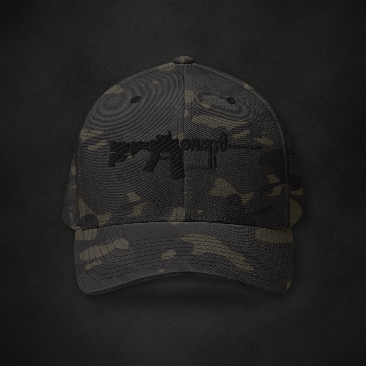 Zero Faction AR Faction Flexfit Hat, on dark asphalt backdrop