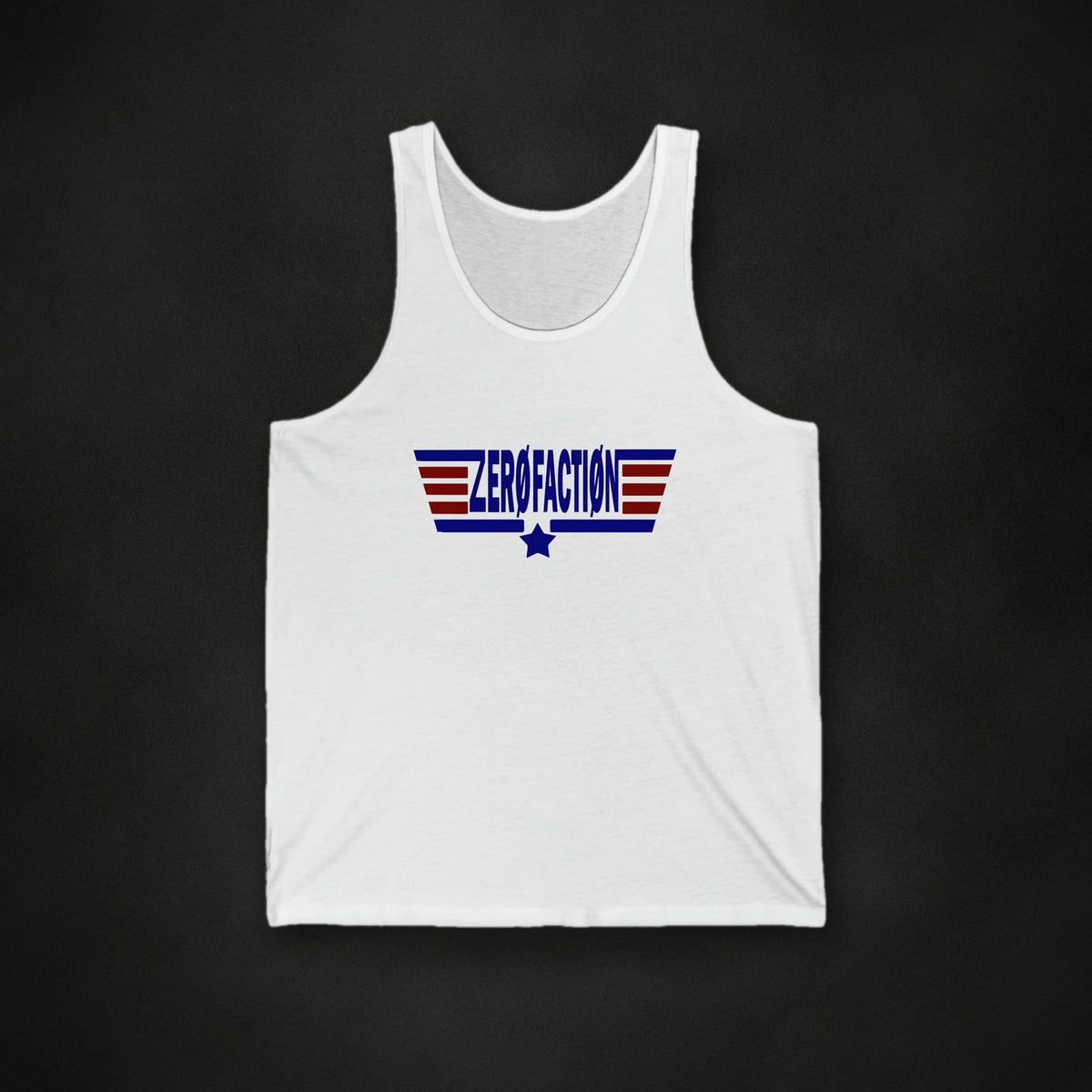 Zero Faction Aviator Tank Top, white, on dark asphalt backdrop