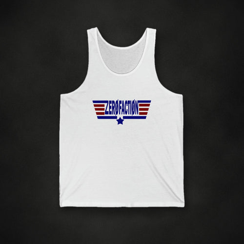 Zero Faction Aviator Tank Top, white, on dark asphalt backdrop