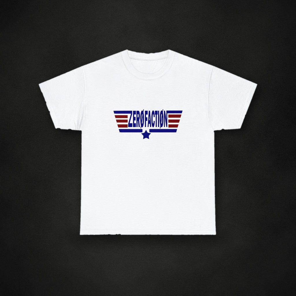 Zero Faction Aviator Tee, white, on dark asphalt backdrop