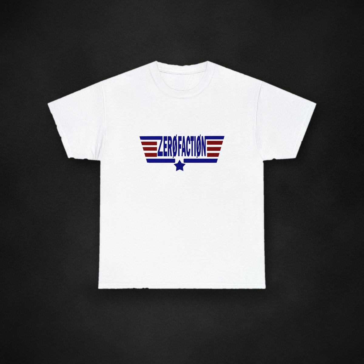 Zero Faction Aviator Tee, white, on dark asphalt backdrop
