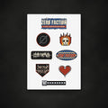 Zero Faction Battle Vest sticker pack, sheet of patch-style stickers, on dark asphalt backdrop
