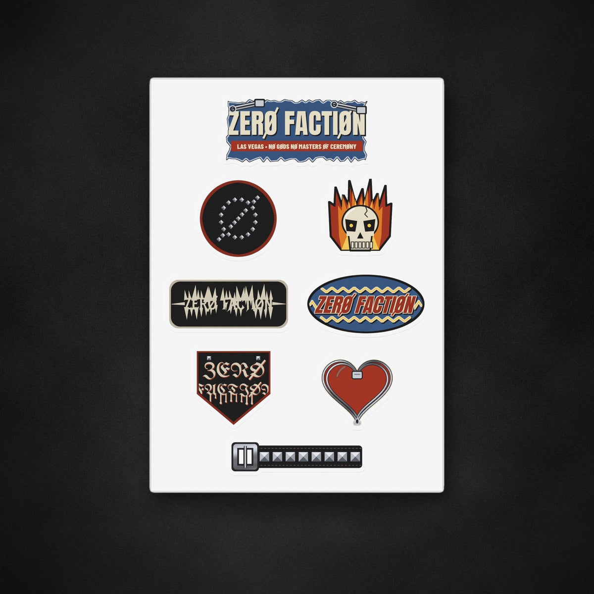 Zero Faction Battle Vest sticker pack, sheet of patch-style stickers, on dark asphalt backdrop