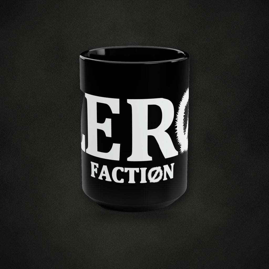 Zero Faction Black Mug, 15oz, on dark asphalt backdrop