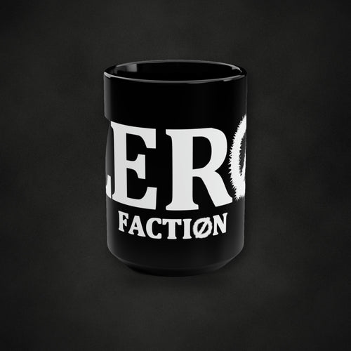 Zero Faction Black Mug, 15oz, on dark asphalt backdrop
