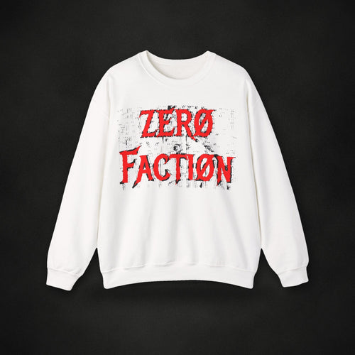 Zero Faction witch crewneck sweatshirt, white, on dark asphalt backdrop