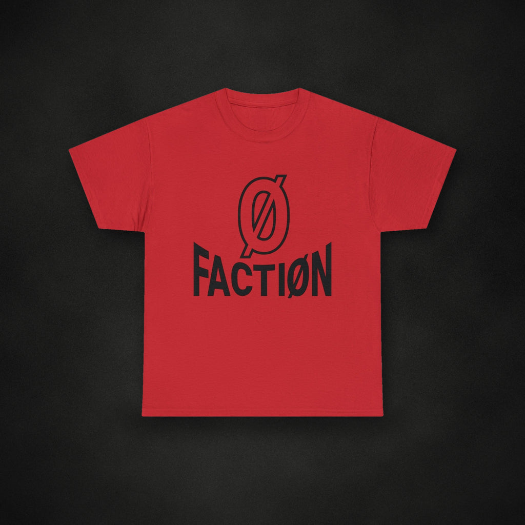 Zero Faction Bold tee red, on dark asphalt backdrop