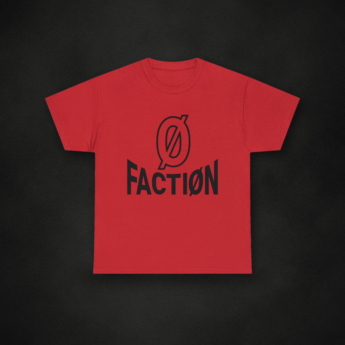 Zero Faction Bold tee red, on dark asphalt backdrop