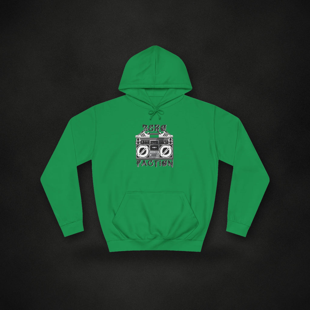 Zero Faction Boombox Hoodie, kelly green, on dark asphalt backdrop