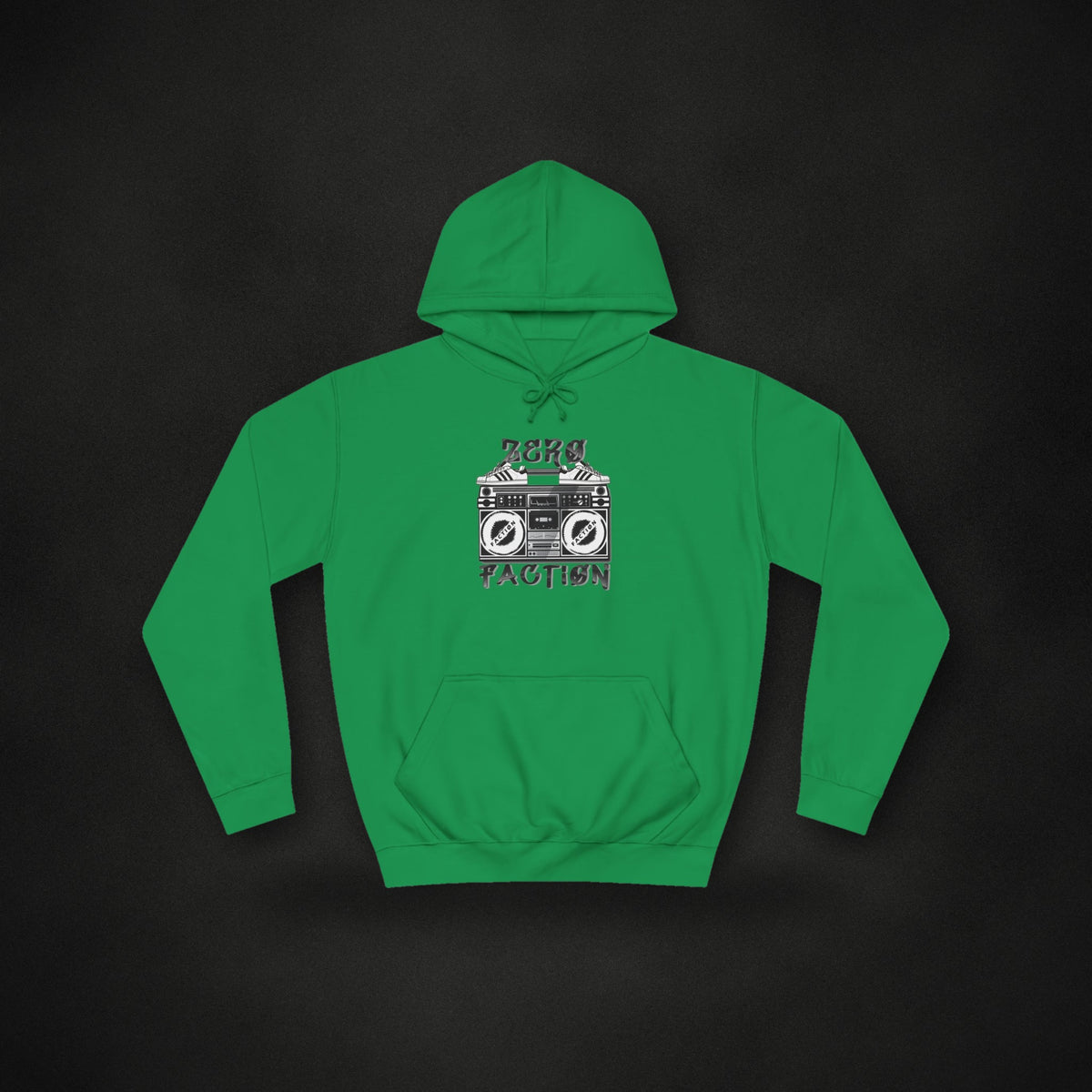 Zero Faction Boombox Hoodie, kelly green, on dark asphalt backdrop